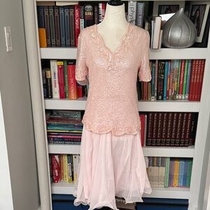 Vintage Frank Usher 2 piece Blush Pink Beaded Top and Skirt, size S